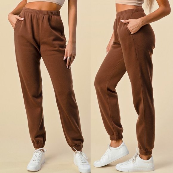 Heart & Hips Pants - NEW Chocolate Brown High Waist Side Pockets Relaxed Fleece Jogger Sweat Pants